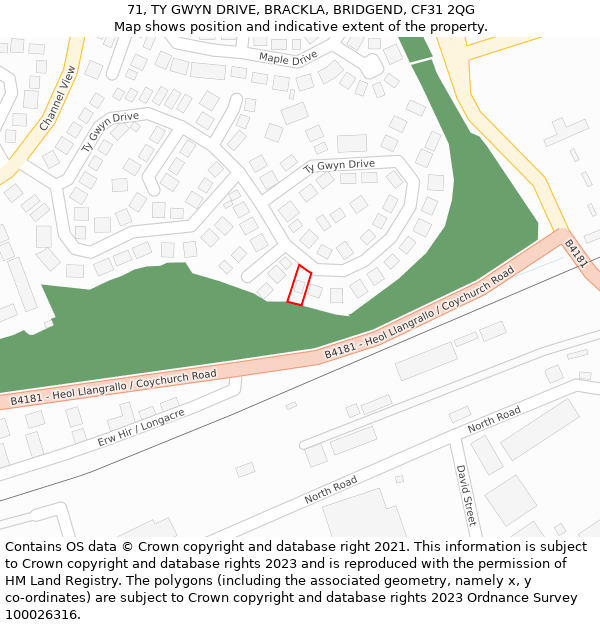 71, TY GWYN DRIVE, BRACKLA, BRIDGEND, CF31 2QG: Location map and indicative extent of plot