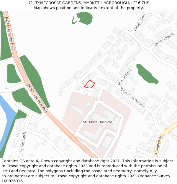 71, TYMECROSSE GARDENS, MARKET HARBOROUGH, LE16 7US: Location map and indicative extent of plot