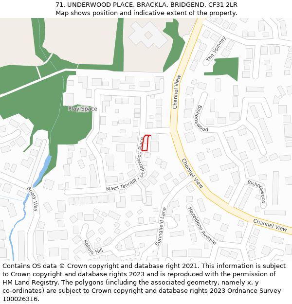 71, UNDERWOOD PLACE, BRACKLA, BRIDGEND, CF31 2LR: Location map and indicative extent of plot