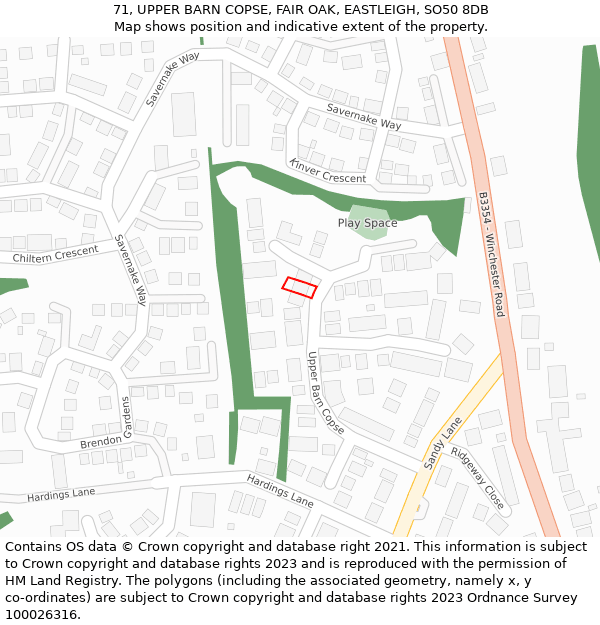 71, UPPER BARN COPSE, FAIR OAK, EASTLEIGH, SO50 8DB: Location map and indicative extent of plot