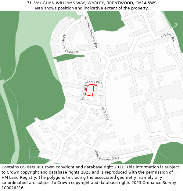 71, VAUGHAN WILLIAMS WAY, WARLEY, BRENTWOOD, CM14 5WS: Location map and indicative extent of plot