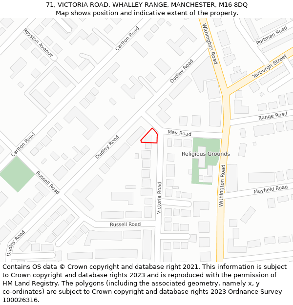 71, VICTORIA ROAD, WHALLEY RANGE, MANCHESTER, M16 8DQ: Location map and indicative extent of plot