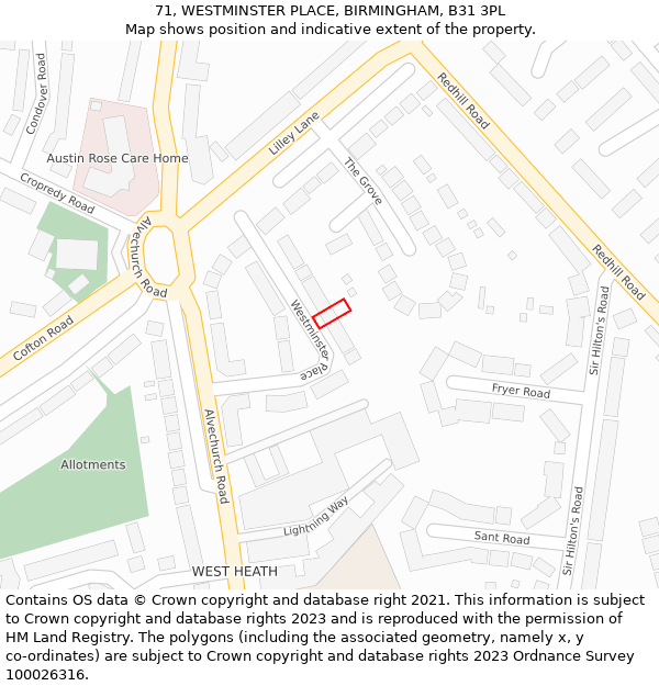 71, WESTMINSTER PLACE, BIRMINGHAM, B31 3PL: Location map and indicative extent of plot