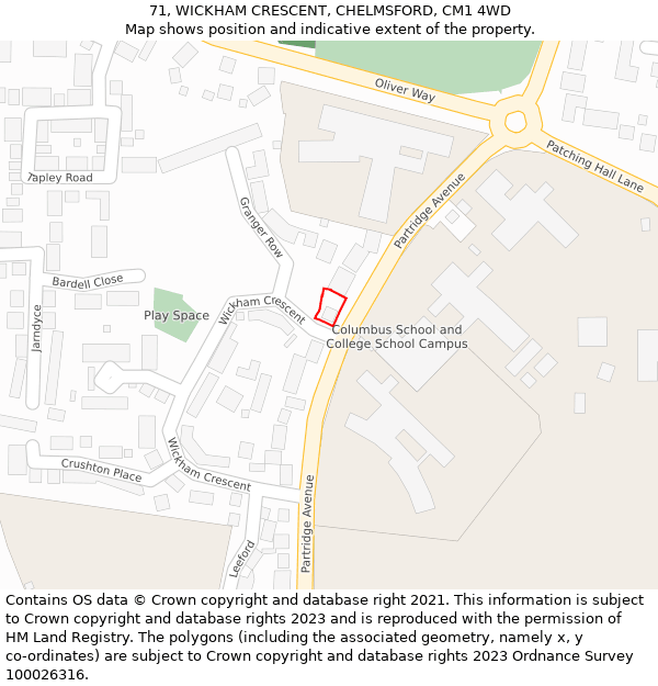 71, WICKHAM CRESCENT, CHELMSFORD, CM1 4WD: Location map and indicative extent of plot