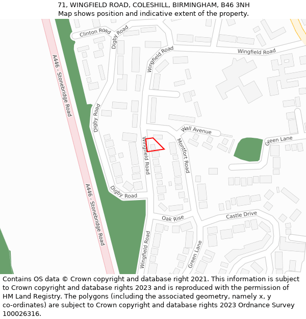 71, WINGFIELD ROAD, COLESHILL, BIRMINGHAM, B46 3NH: Location map and indicative extent of plot