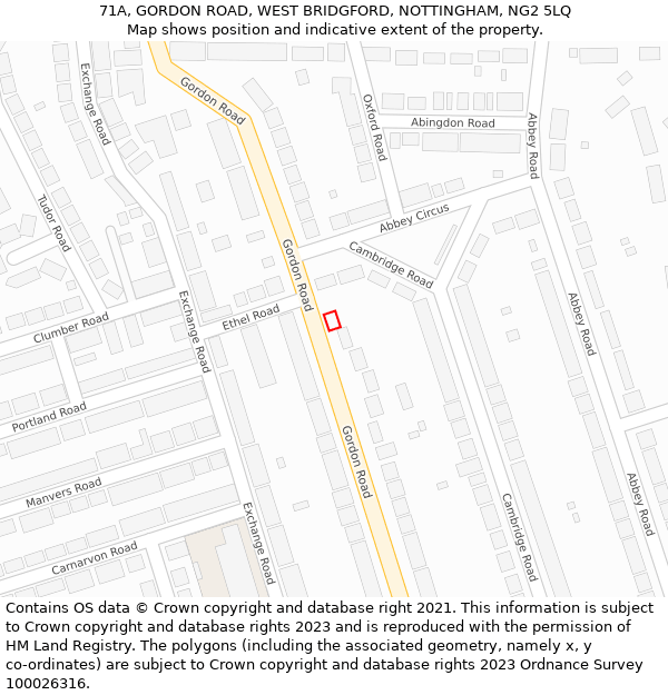 71A, GORDON ROAD, WEST BRIDGFORD, NOTTINGHAM, NG2 5LQ: Location map and indicative extent of plot
