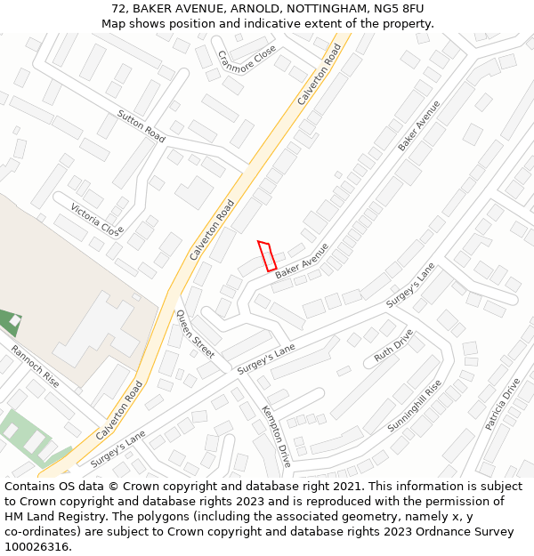 72, BAKER AVENUE, ARNOLD, NOTTINGHAM, NG5 8FU: Location map and indicative extent of plot