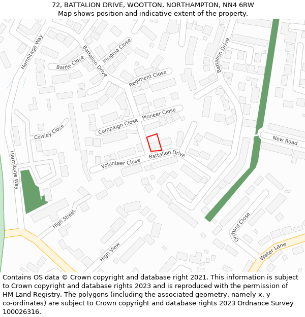 72, BATTALION DRIVE, WOOTTON, NORTHAMPTON, NN4 6RW: Location map and indicative extent of plot