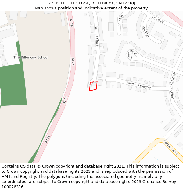 72, BELL HILL CLOSE, BILLERICAY, CM12 9QJ: Location map and indicative extent of plot