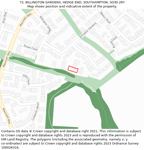 72, BILLINGTON GARDENS, HEDGE END, SOUTHAMPTON, SO30 2RY: Location map and indicative extent of plot