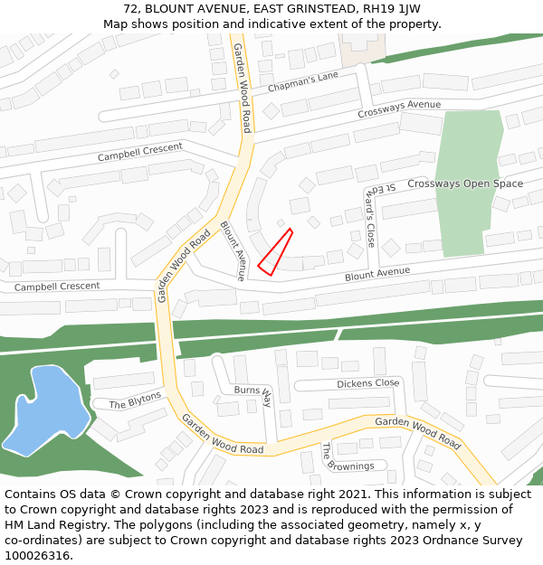72, BLOUNT AVENUE, EAST GRINSTEAD, RH19 1JW: Location map and indicative extent of plot