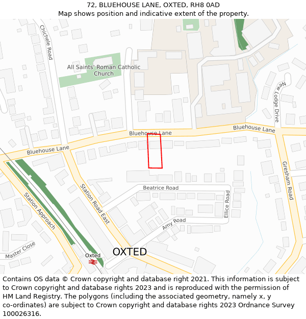 72, BLUEHOUSE LANE, OXTED, RH8 0AD: Location map and indicative extent of plot