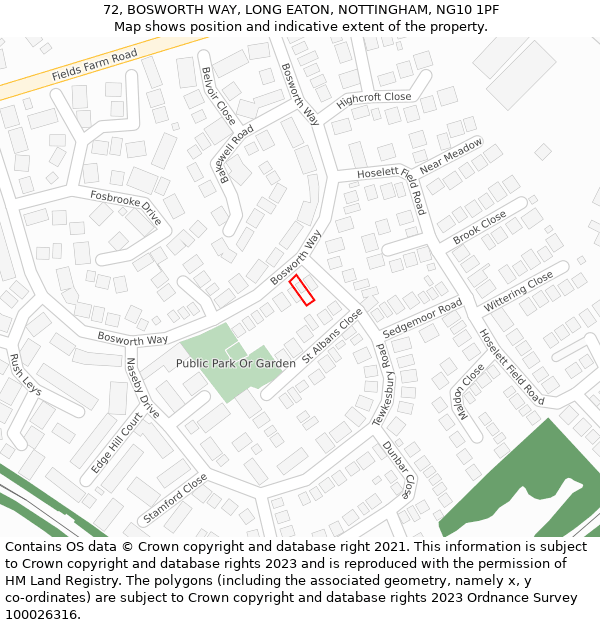 72, BOSWORTH WAY, LONG EATON, NOTTINGHAM, NG10 1PF: Location map and indicative extent of plot