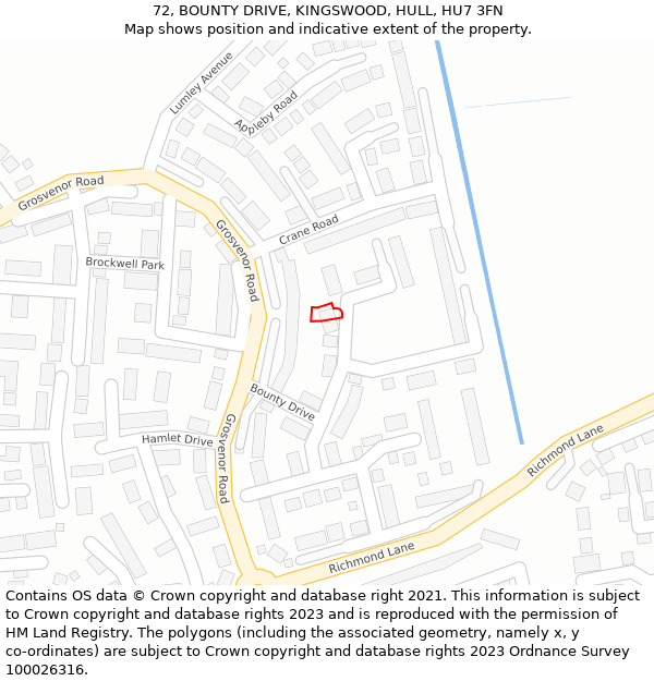 72, BOUNTY DRIVE, KINGSWOOD, HULL, HU7 3FN: Location map and indicative extent of plot