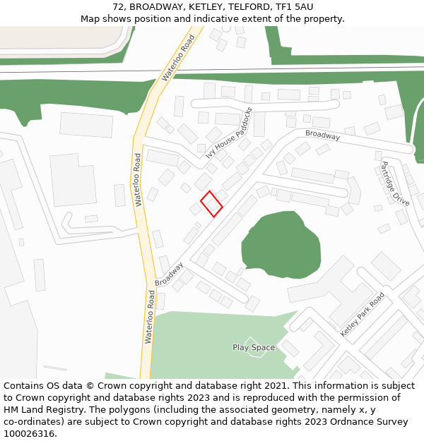 72, BROADWAY, KETLEY, TELFORD, TF1 5AU: Location map and indicative extent of plot