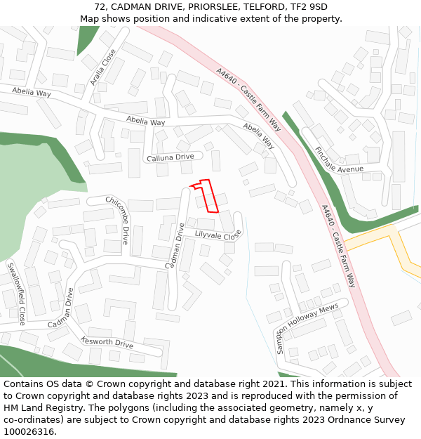 72, CADMAN DRIVE, PRIORSLEE, TELFORD, TF2 9SD: Location map and indicative extent of plot