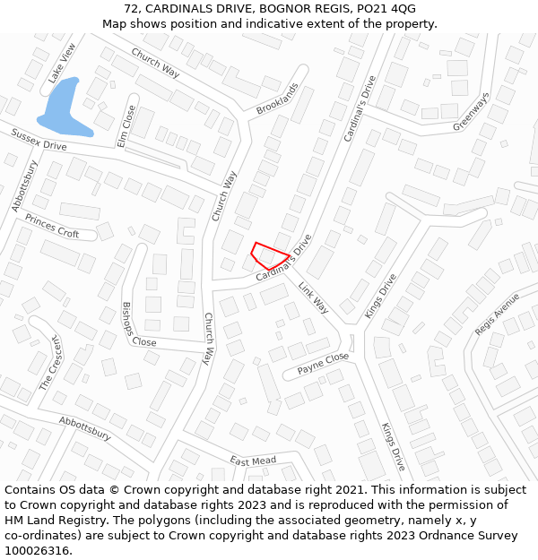 72, CARDINALS DRIVE, BOGNOR REGIS, PO21 4QG: Location map and indicative extent of plot