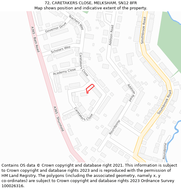 72, CARETAKERS CLOSE, MELKSHAM, SN12 8FR: Location map and indicative extent of plot