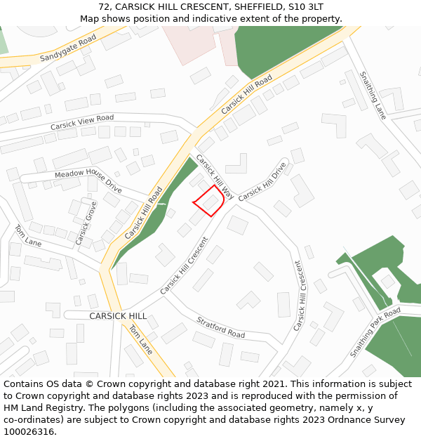 72, CARSICK HILL CRESCENT, SHEFFIELD, S10 3LT: Location map and indicative extent of plot