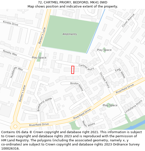 72, CARTMEL PRIORY, BEDFORD, MK41 0WD: Location map and indicative extent of plot