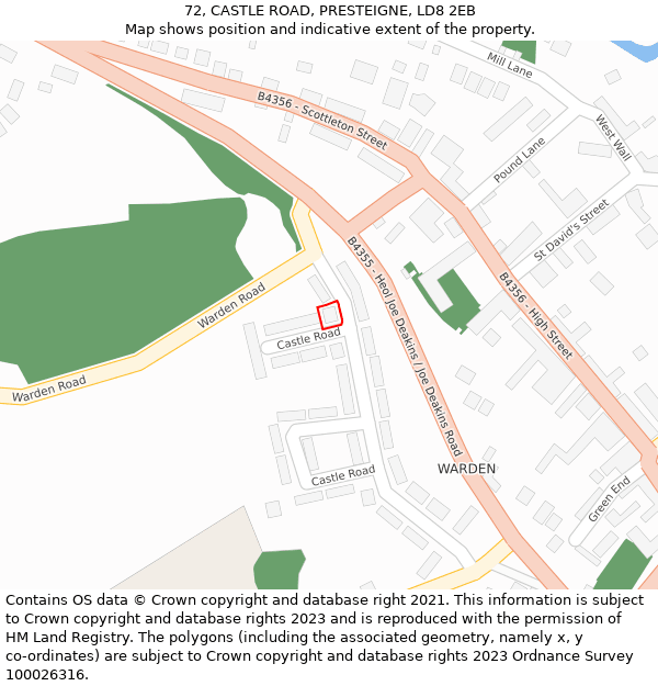 72, CASTLE ROAD, PRESTEIGNE, LD8 2EB: Location map and indicative extent of plot