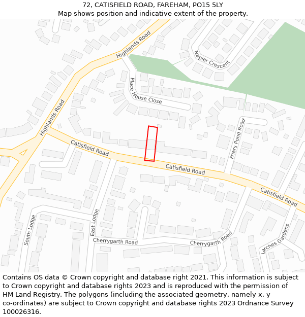 72, CATISFIELD ROAD, FAREHAM, PO15 5LY: Location map and indicative extent of plot