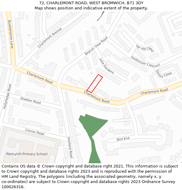 72, CHARLEMONT ROAD, WEST BROMWICH, B71 3DY: Location map and indicative extent of plot
