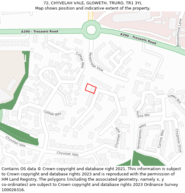 72, CHYVELAH VALE, GLOWETH, TRURO, TR1 3YL: Location map and indicative extent of plot