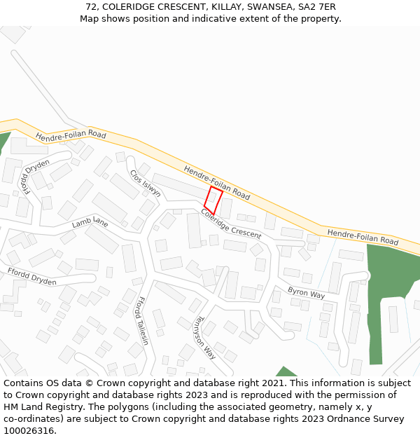 72, COLERIDGE CRESCENT, KILLAY, SWANSEA, SA2 7ER: Location map and indicative extent of plot