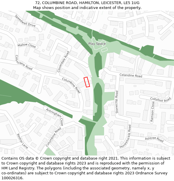 72, COLUMBINE ROAD, HAMILTON, LEICESTER, LE5 1UG: Location map and indicative extent of plot