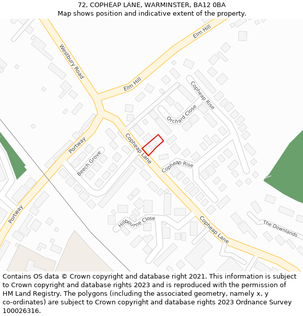 72, COPHEAP LANE, WARMINSTER, BA12 0BA: Location map and indicative extent of plot