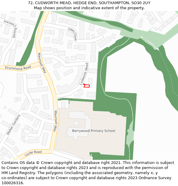 72, CUDWORTH MEAD, HEDGE END, SOUTHAMPTON, SO30 2UY: Location map and indicative extent of plot