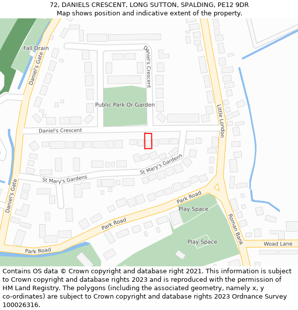 72, DANIELS CRESCENT, LONG SUTTON, SPALDING, PE12 9DR: Location map and indicative extent of plot