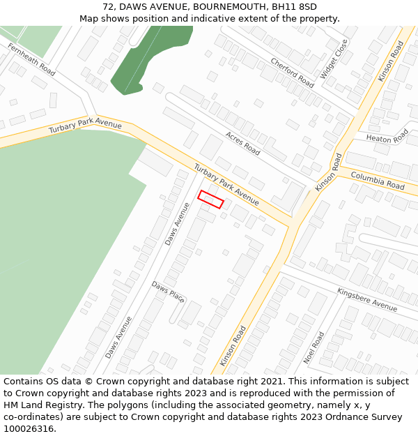 72, DAWS AVENUE, BOURNEMOUTH, BH11 8SD: Location map and indicative extent of plot