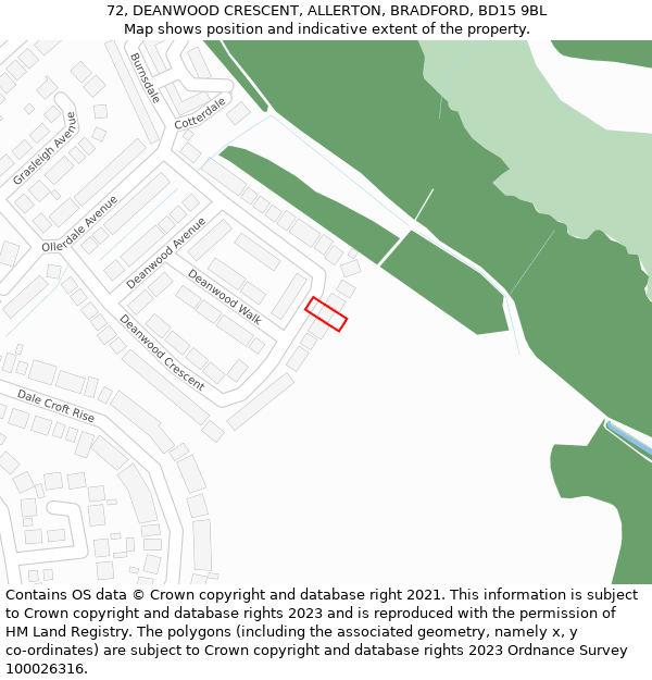 72, DEANWOOD CRESCENT, ALLERTON, BRADFORD, BD15 9BL: Location map and indicative extent of plot