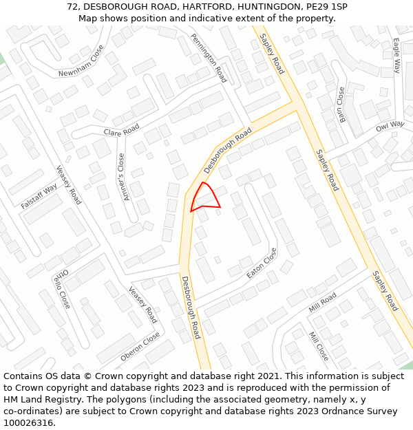 72, DESBOROUGH ROAD, HARTFORD, HUNTINGDON, PE29 1SP: Location map and indicative extent of plot