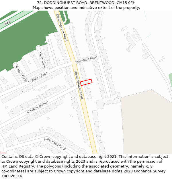 72, DODDINGHURST ROAD, BRENTWOOD, CM15 9EH: Location map and indicative extent of plot