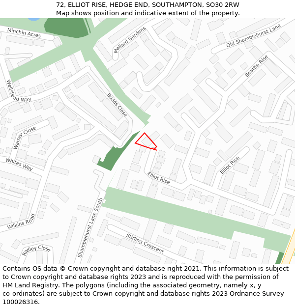 72, ELLIOT RISE, HEDGE END, SOUTHAMPTON, SO30 2RW: Location map and indicative extent of plot