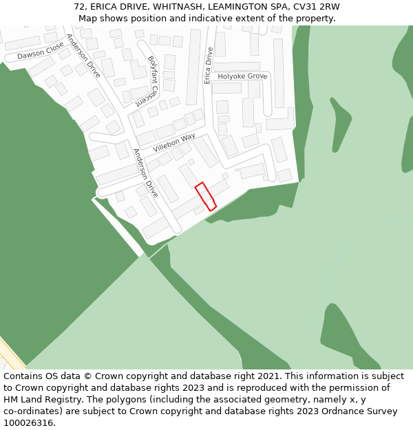 72, ERICA DRIVE, WHITNASH, LEAMINGTON SPA, CV31 2RW: Location map and indicative extent of plot