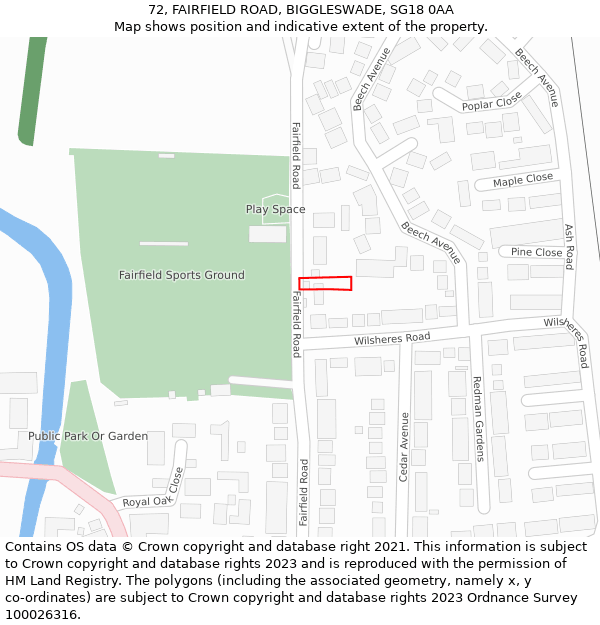 72, FAIRFIELD ROAD, BIGGLESWADE, SG18 0AA: Location map and indicative extent of plot