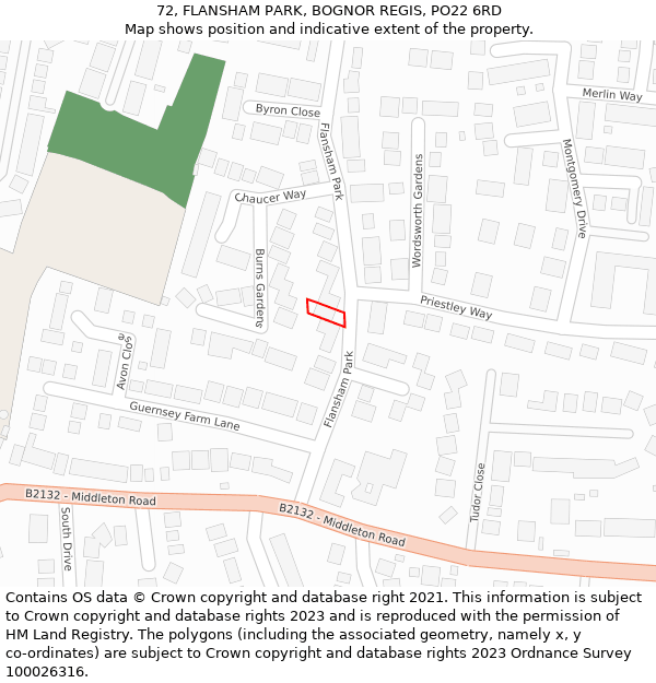 72, FLANSHAM PARK, BOGNOR REGIS, PO22 6RD: Location map and indicative extent of plot