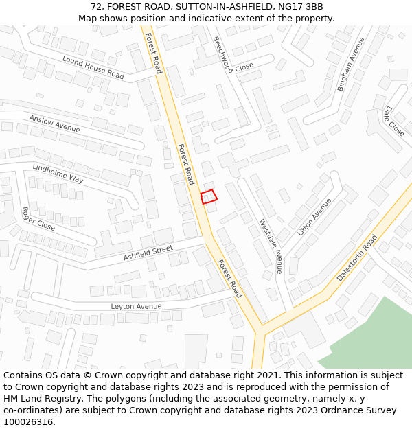 72, FOREST ROAD, SUTTON-IN-ASHFIELD, NG17 3BB: Location map and indicative extent of plot