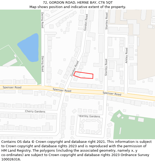 72, GORDON ROAD, HERNE BAY, CT6 5QT: Location map and indicative extent of plot