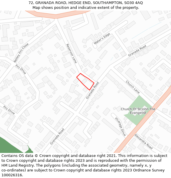 72, GRANADA ROAD, HEDGE END, SOUTHAMPTON, SO30 4AQ: Location map and indicative extent of plot