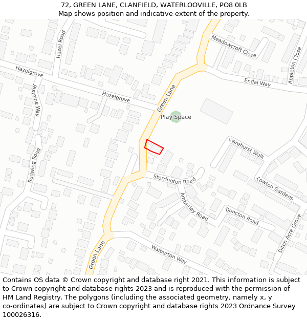 72, GREEN LANE, CLANFIELD, WATERLOOVILLE, PO8 0LB: Location map and indicative extent of plot