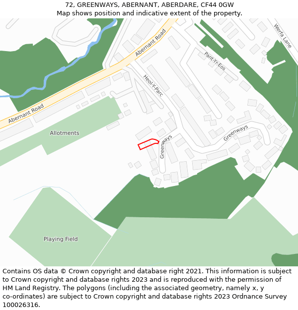 72, GREENWAYS, ABERNANT, ABERDARE, CF44 0GW: Location map and indicative extent of plot