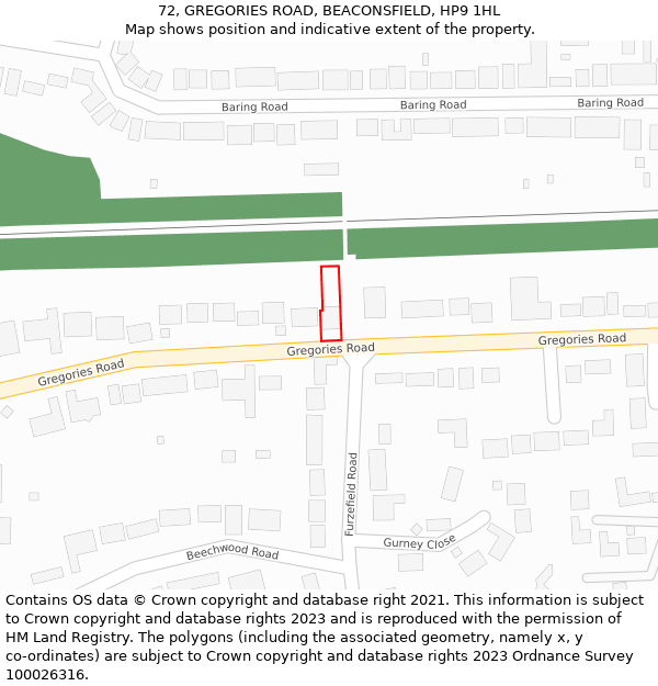 72, GREGORIES ROAD, BEACONSFIELD, HP9 1HL: Location map and indicative extent of plot