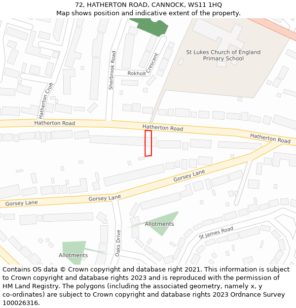 72, HATHERTON ROAD, CANNOCK, WS11 1HQ: Location map and indicative extent of plot