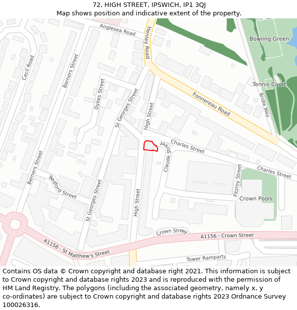 72, HIGH STREET, IPSWICH, IP1 3QJ: Location map and indicative extent of plot