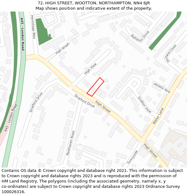 72, HIGH STREET, WOOTTON, NORTHAMPTON, NN4 6JR: Location map and indicative extent of plot